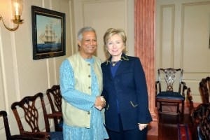 US Secretary of State Hillary Clinton receives Nobel laureate Prof Muhammad Yunus at her US State Department office in Washington DC Wednesday.