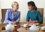 U.S. Secretary of State Hillary Clinton and pro-democracy opposition leader Aung San Suu Kyi talk during a meeting in&nbsp;Rangoon