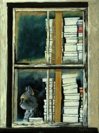 cat books window