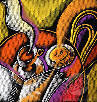 Newspaper, coffee and bagel at table