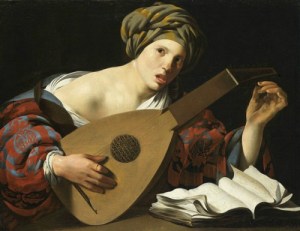 woman tuning a lute