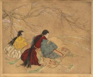 wood cut woman reading