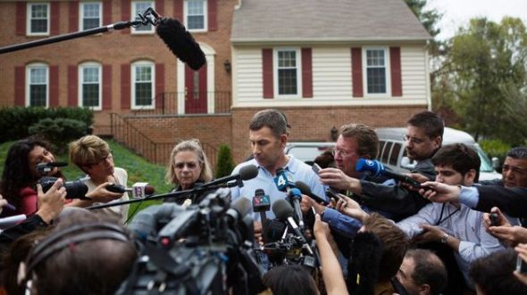 "Uncle" Ruslan Tsarni speaking to the media in front of his home in Montgomery Village, MD