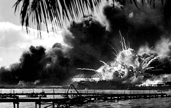 Dec. 7, 1941: The destroyer Shaw's forward magazine explodes after being struck during the Japanese attack on Pearl Harbor (LA Times).