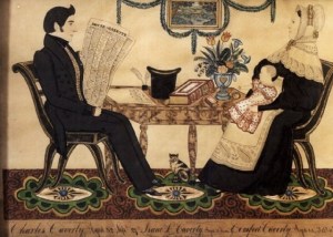 Jospeh H Davis (American artist, 1811-1865) Charles & Comfort Caverly & Son Isaac 1836 Cat, Top Hat, Newspaper,  Painted Table, Patterned Carpet