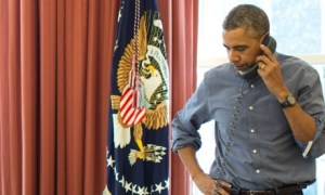 US President Barack Obama talks with Russian President Vladimir Putin on the phone