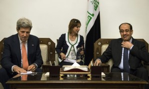 Iraqi Prime Minister Nuri al-Maliki and US Secretary of State John Kerry meet at the Prime Minister's Office in Baghdad. Photograph: Brendan Smialowski/AFP/Getty Images