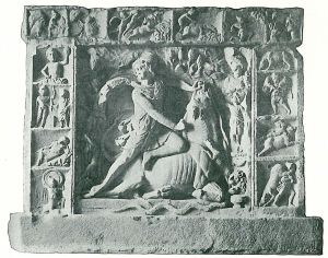 Relief of Mithras as bull-slayer from Neuenheim near Heidelberg, framed by scenes from Mithras' life (from Wikipedia).