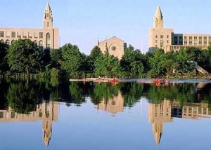 View of Marsh Chapel with Charles River in foreground