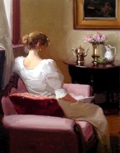 Dennis Perrin near the window reading