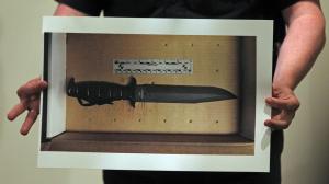 (Boston, MA, 06/02/15) A picture of the military style knife that was used to threaten officers during a police involved shooting this morning at 4600 Washington St. in Roslindale, during a press conference at Boston Police Headquarters on Tuesday,  June  02, 2015.   Staff Photo by Matt Stone