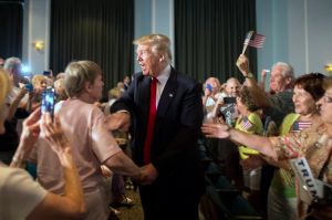 Republican presidential hopeful Donald Trump greets supporters at a South Carolina campaign rally in Bluffton, S.C., Tuesday, July 21, 2015. (AP Photo/Stephen B. Morton)