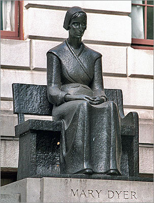 Statue of Mary Dyer, who "challenged traditional Puritanism with her progressive beliefs," and was put to death for it.