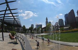 People cool off at fountains on Rose Kennedy Greenway, Boston