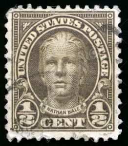 UNITED STATES, CIRCA 1922: Vintage US Postage Stamp celebrating Nathan Hale, soldier for the Continental Army during the American Revolutionary War, circa 1922.