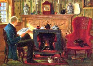 Reading by the fire, Edward Lamson Henry.