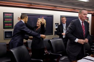 Secretary of State Hillary Rodham Clinton congratulates President Barack Obama on the House vote to pass health care reform, prior to a meeting in the Situation Room of the White House, March 22, 2010.Ê (Official White House Photo by Pete Souza) This official White House photograph is being made available only for publication by news organizations and/or for personal use printing by the subject(s) of the photograph. The photograph may not be manipulated in any way and may not be used in commercial or political materials, advertisements, emails, products, promotions that in any way suggests approval or endorsement of the President, the First Family, or the White House.