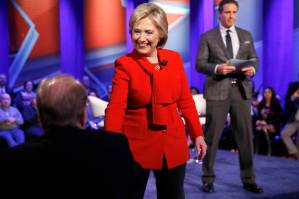 Democratic presidential candidate Hillary Clinton greets attendees after a CNN town hall at Drake University in Des Moines, Iowa, Monday, Jan. 25, 2016. (AP Photo/Patrick Semansky)