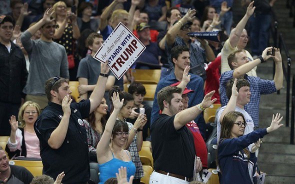 Probably nothing to worry about: People raise arms pledging to vote for Trump at the University of Central Florida on March 5, 2016 in Orlando (h/t Slate) Joe Raedle/Getty Images