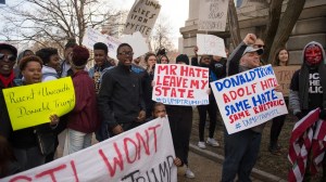 Protesters outside Trump's rally in St. Louis yesterday. Getty images.