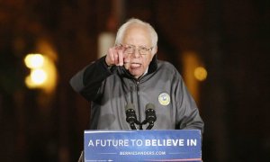 NEW YORK, NY - APRIL 13: Presidential candidate Bernie Sanders speaks during the Bernie Sanders rally at Washington Square Park on April 13, 2016 in New York City. (Photo by Mireya Acierto/FilmMagic)