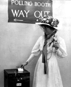 Suffragette Emmeline Pankhurst in a Polling Booth circa 1910. She was one of the leaders of the movement to secure votes for women.