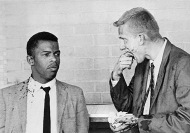 20 May 1961, Montgomery, AL, wo battered Freedom Riders, John Lewis (left) and James Zwerg (right) stand together after being attacked and beaten by pro-segregationists in Montgomery, Alabama. --- Image by © Bettmann/CORBIS