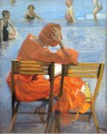 John Lavery (Irish Painter, 1856-1941) Girl in a Red Dress Reading by a Swimming&nbsp;Pool