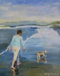 Helen and Lizzie-Woman walking on beach wih yorkie dog Original art painting by Kay&nbsp;Crain