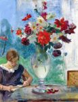 Henri Lebasque Girl Reading and Vase of Flowers&nbsp;1915