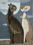 tomoo-inagaki woodcut cats in&nbsp;moonlight