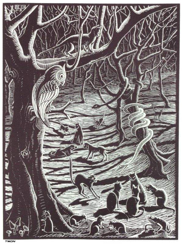 Scholastica-Full-Moon-spooky-forest-with-black-cats-woodcut-1931-M.-C.-Escher-2