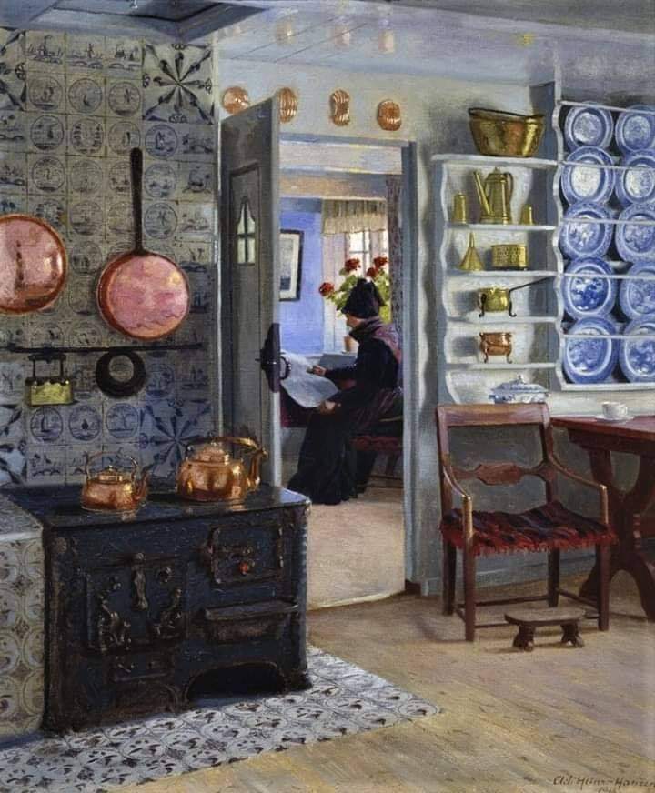 Adolf Heinrich-Hansen, Interior Kitchen Scene With A Woman Reading The Paper, 1918