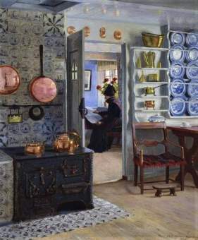 Adolf Heinrich-Hansen, Interior Kitchen Scene With A Woman Reading The Paper, 1918