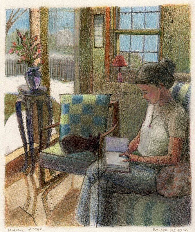 Woman reading with a cat on a snowy day