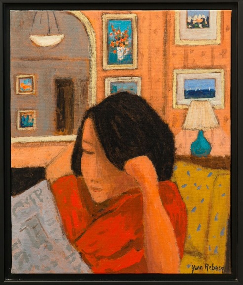 Young Lady Reading the Newspaper at Home in the Evening