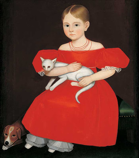 Girl in the red dress with cat and dog, by Ammi Phillips, 1788-1865