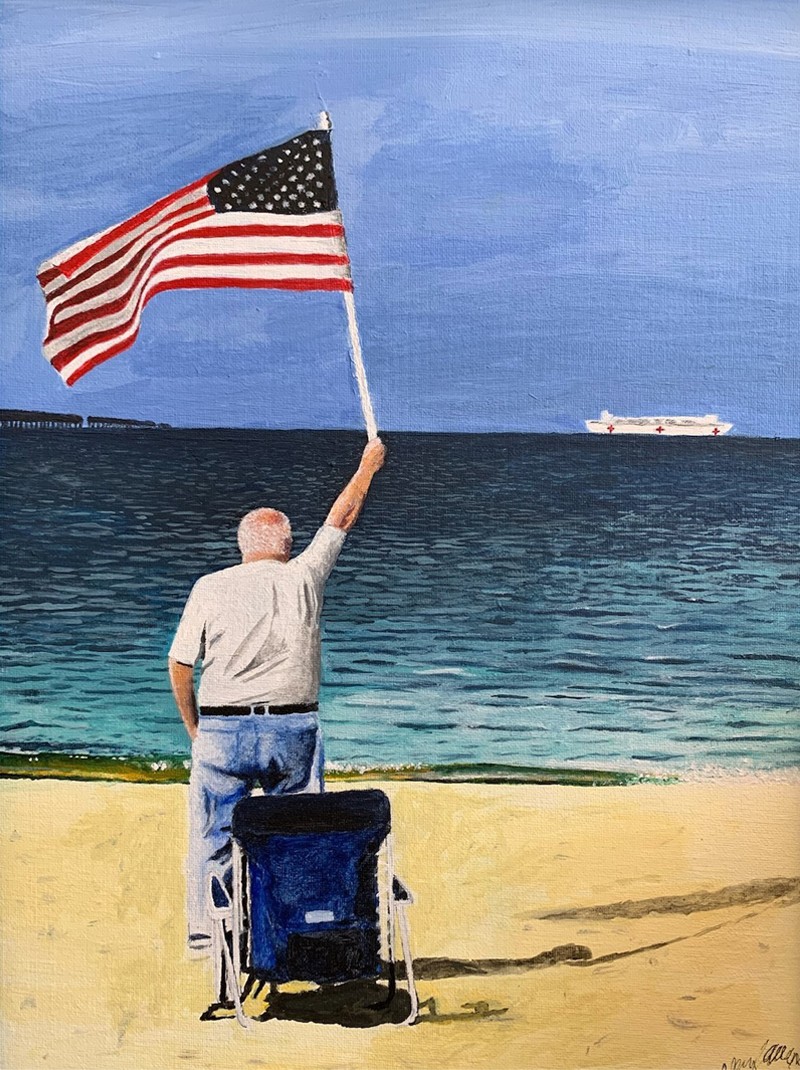 Hope, by Alexander Allen. Man on beach with U.S. Naval Ship Comfort in the distance