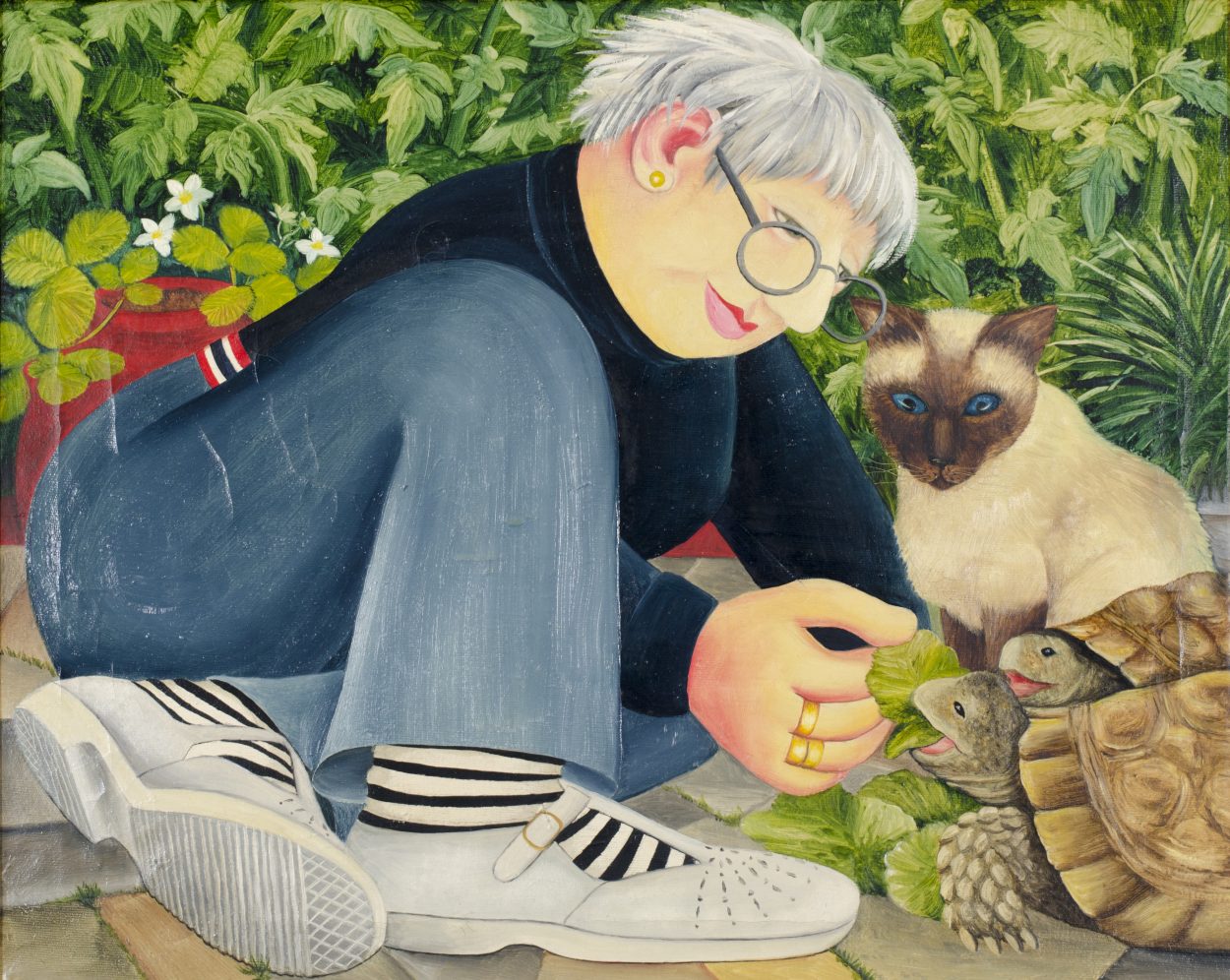 Beryl-Cook-Feeding-the-Tortoise-with-Siamese-Cat-Looking-On-1250x996