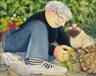 Beryl-Cook-Feeding-the-Tortoise-with-Siamese-Cat-Looking-On-1250x996