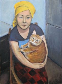 Erzhena with cat, by Indira Baldano