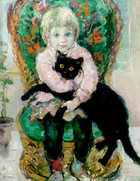 A girl with a black cat - Frida Holleman Dutch 1908-1999