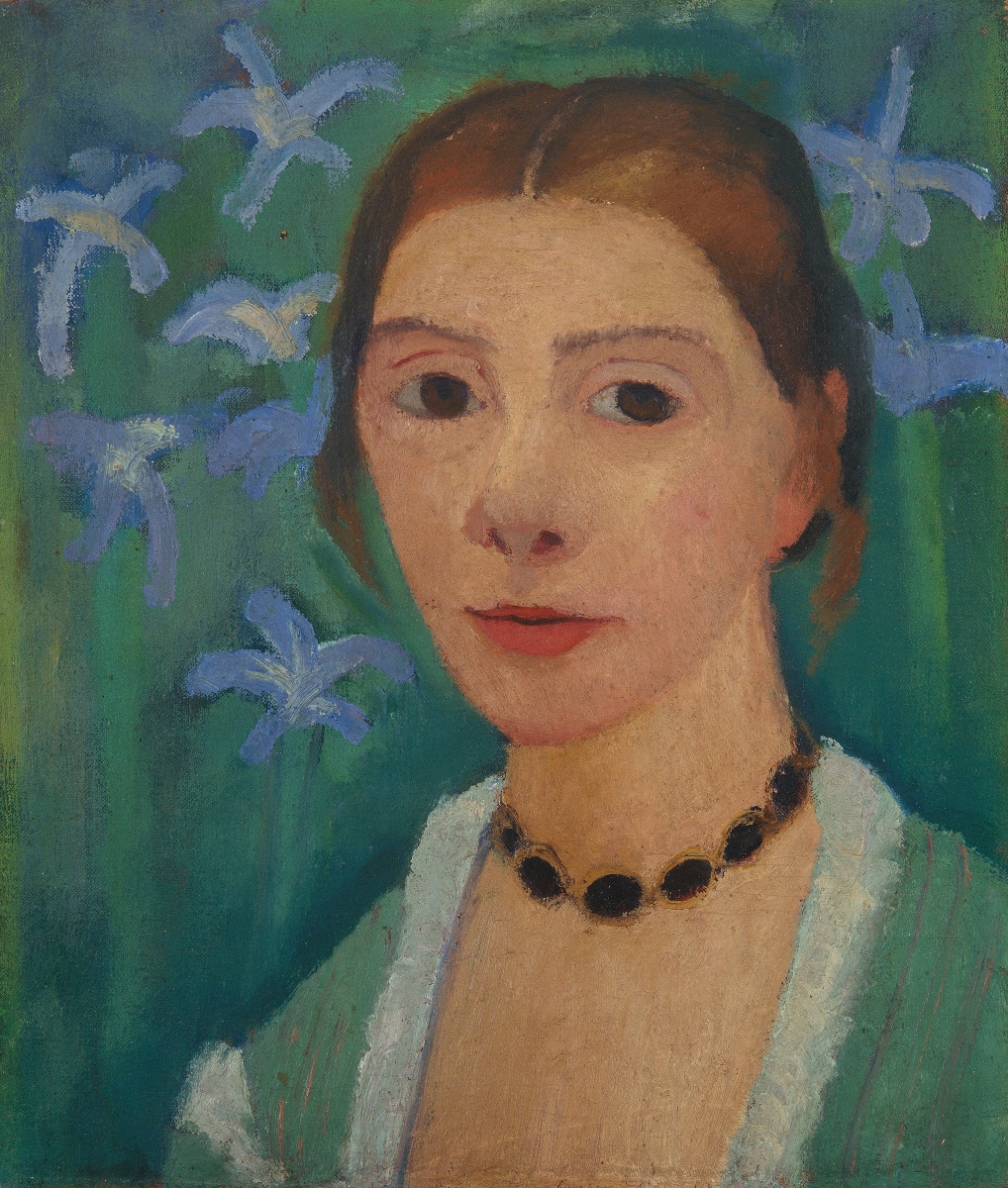 Paula Modersohn-Becker, Self Portrait Before a Green Background with Blue Iris