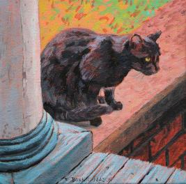 Black cat on the front porch, by Bonnie Mason