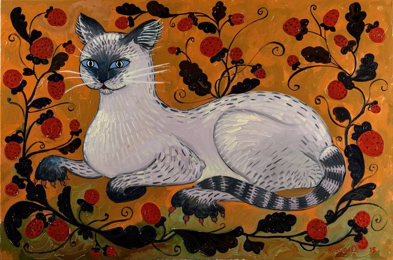 Cat in the Strawberry, dedicated to Mariia Pryimachenko, by Olesya Kaznokh