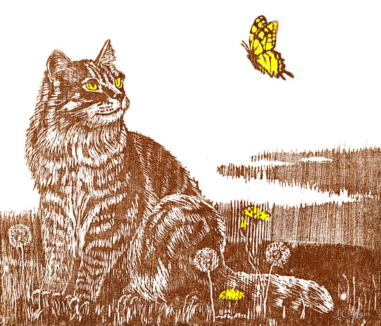 Cat with butterfly, woodcut by Joyce Gibson
