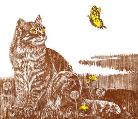 Cat with butterfly, woodcut by Joyce Gibson