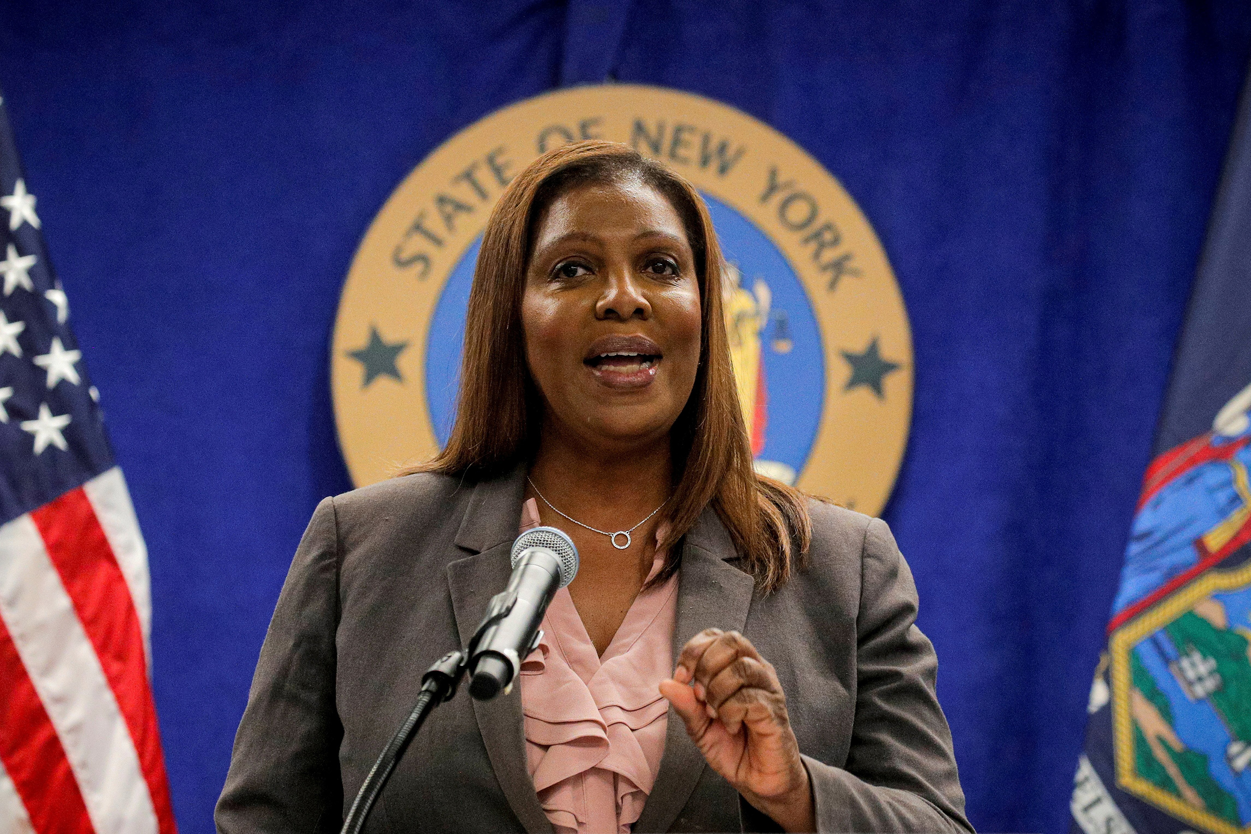 Image: FILE PHOTO: New York State Attorney General, Letitia James, speaks during a news conference, to announce criminal justice reform in New York
