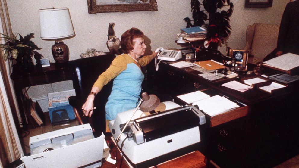 Rose Mary Woods, President Richard Nixon's secretary at her White House desk, demonstrates the Rose Mary Stretch which could have resulted in the erasure of part of the Watergate tapes, 1973.