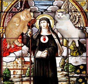 St.Gertrude herself and cats Zarathustra and David Bowie captured in stained glass